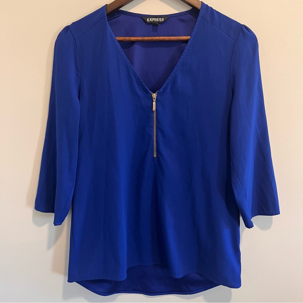 Express Women's Blue Zip V-Neck Blouse